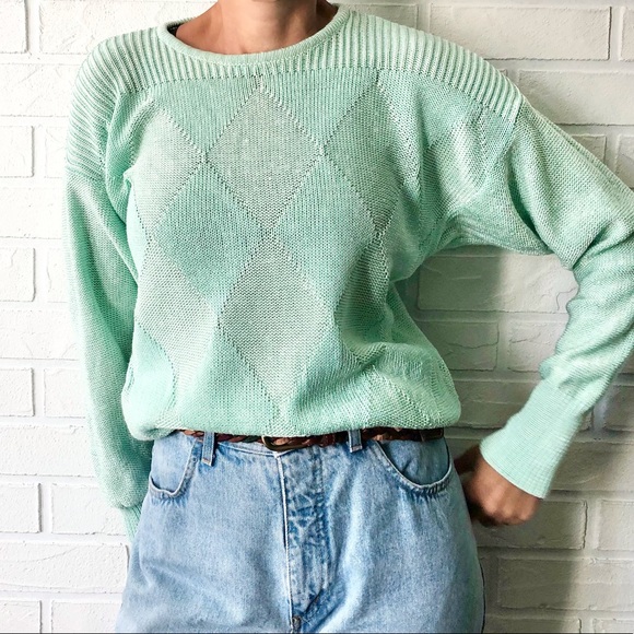 Vintage hand loomed argyle mint green knit grandma sweater M - Picture 1 of 9